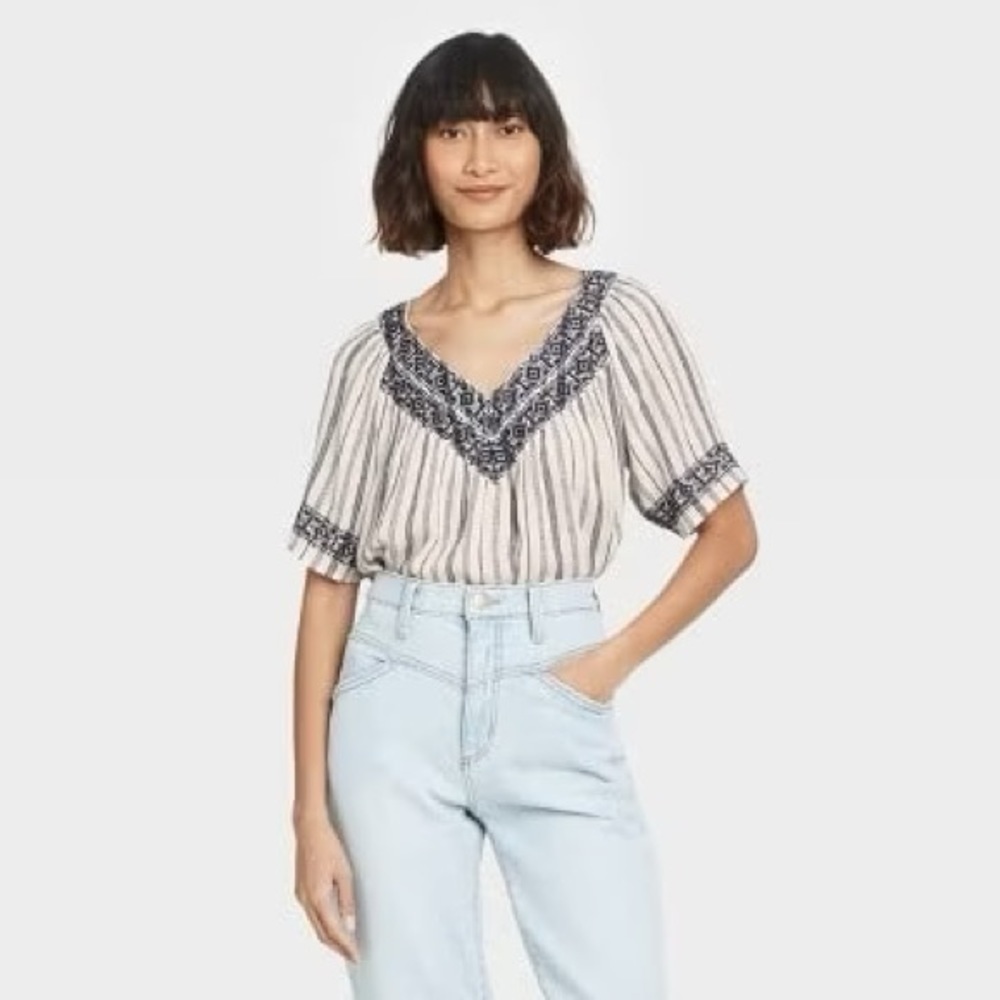 Knox Rose Striped Short Sleeve Embroidered Top Blouse Shirt White Navy Size Med